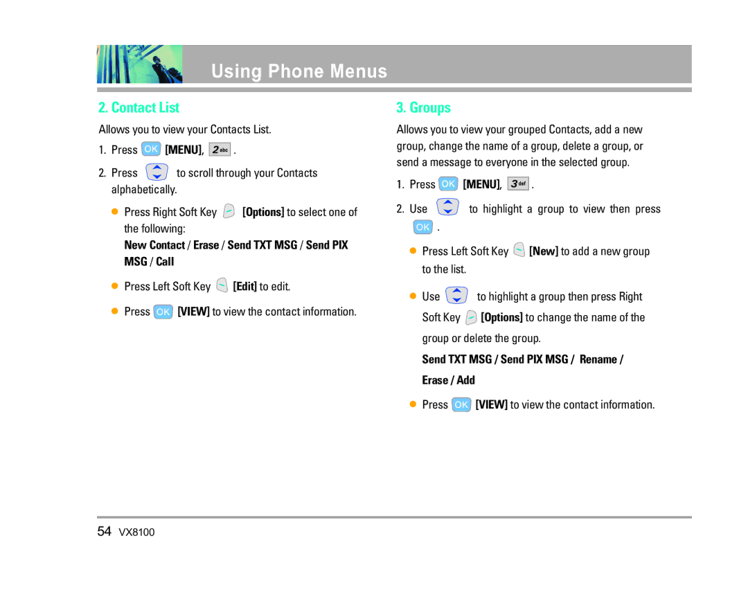 LG Electronics VX8100 manual Contact List, Groups, New Contact / Erase / Send TXT MSG / Send PIX MSG / Call 