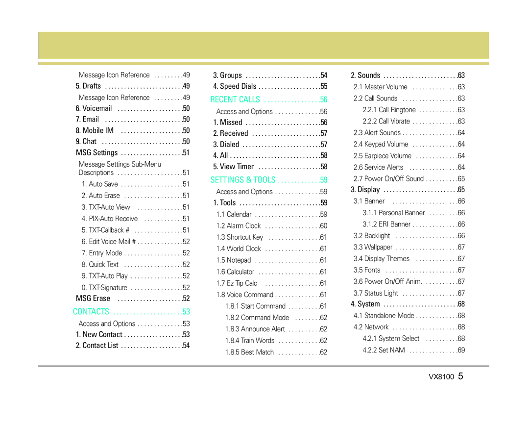 LG Electronics VX8100 manual Settings & Tools 