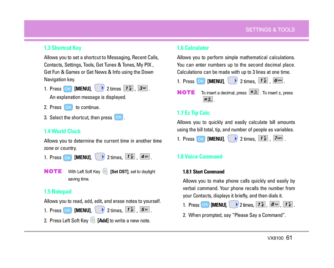 LG Electronics VX8100 manual Shortcut Key, World Clock, Calculator, Ez Tip Calc, Voice Command 