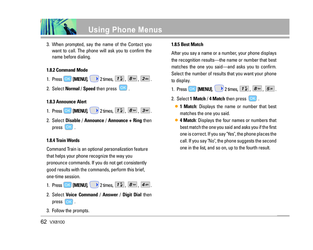 LG Electronics VX8100 manual Command Mode, Announce Alert, Train Words, Best Match 