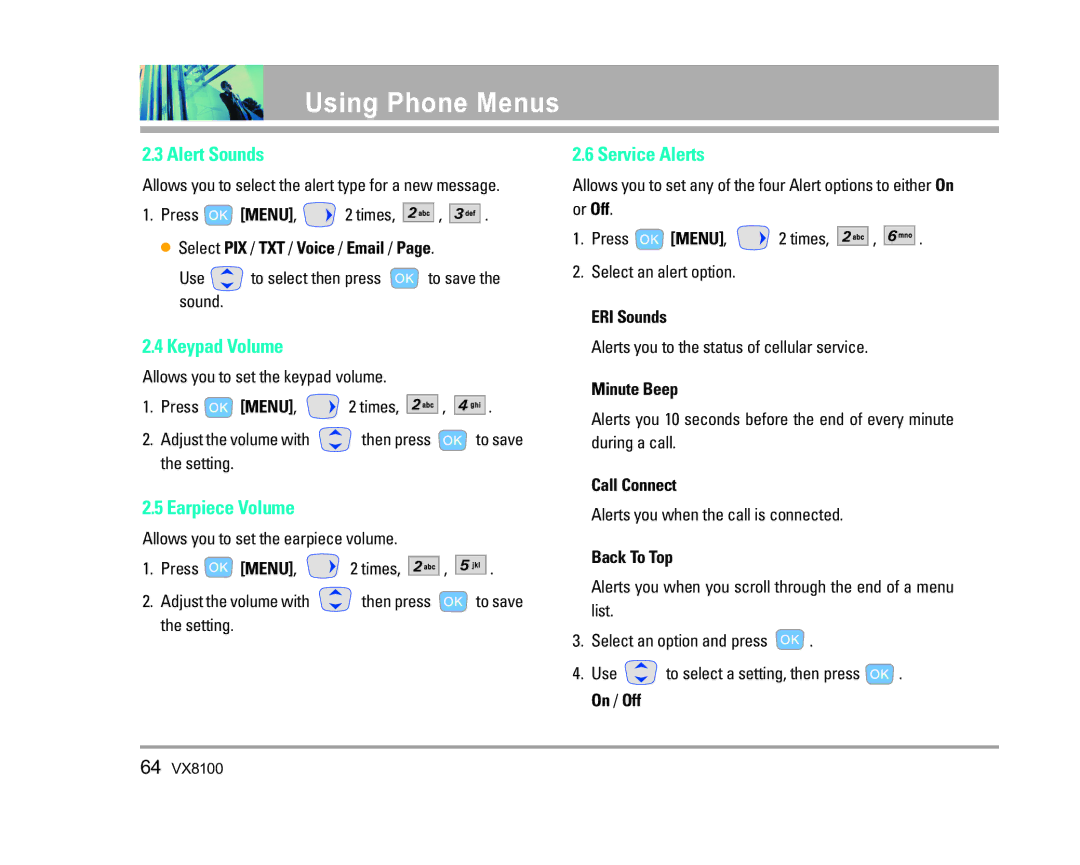 LG Electronics VX8100 manual Alert Sounds, Keypad Volume, Service Alerts, Earpiece Volume 