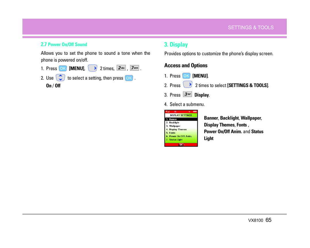 LG Electronics VX8100 manual Press Menu Press 2 times to select Settings & Tools, Press Display 