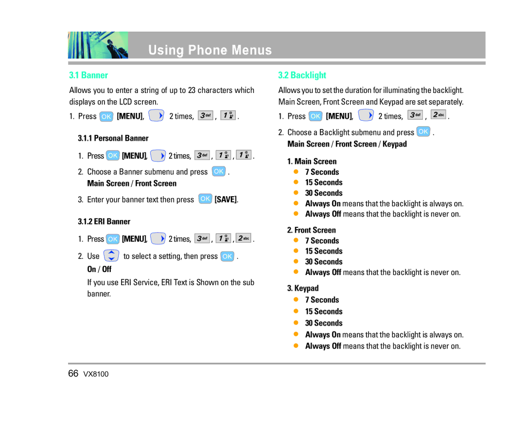 LG Electronics VX8100 manual Banner, Backlight 