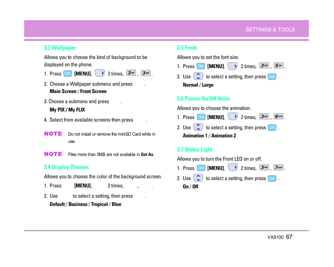 LG Electronics VX8100 manual Wallpaper, Display Themes, Fonts, Power On/Off Anim, Status Light 