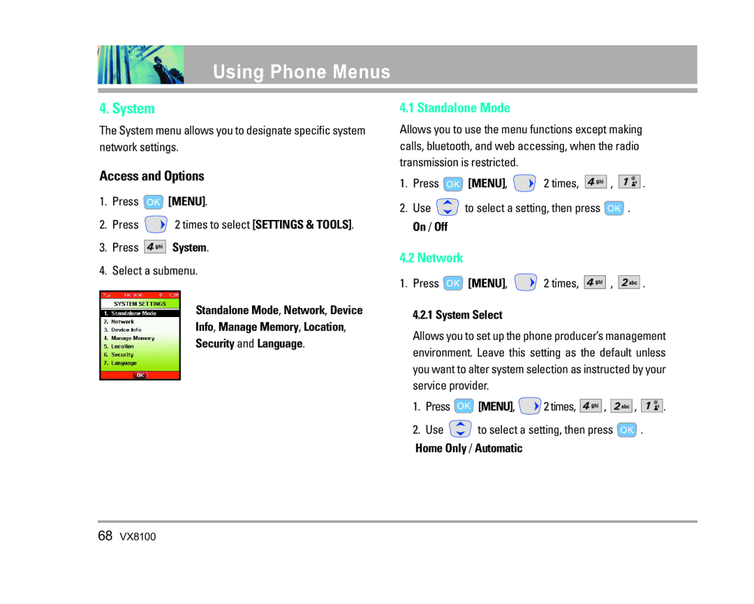 LG Electronics VX8100 manual System, Standalone Mode, Network 