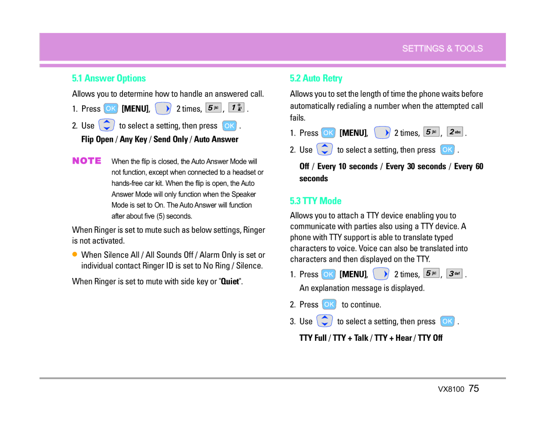 LG Electronics VX8100 manual Answer Options, Auto Retry, TTY Mode, When Ringer is set to mute with side key or Quiet 