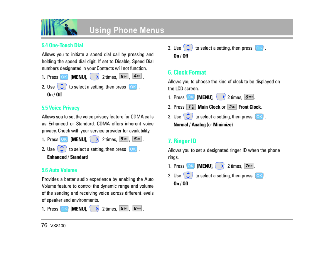 LG Electronics VX8100 manual Clock Format, Ringer ID, One-Touch Dial, Voice Privacy, Auto Volume 