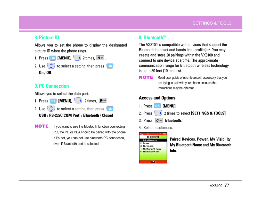 LG Electronics VX8100 manual Picture ID, PC Connection, BluetoothTM 