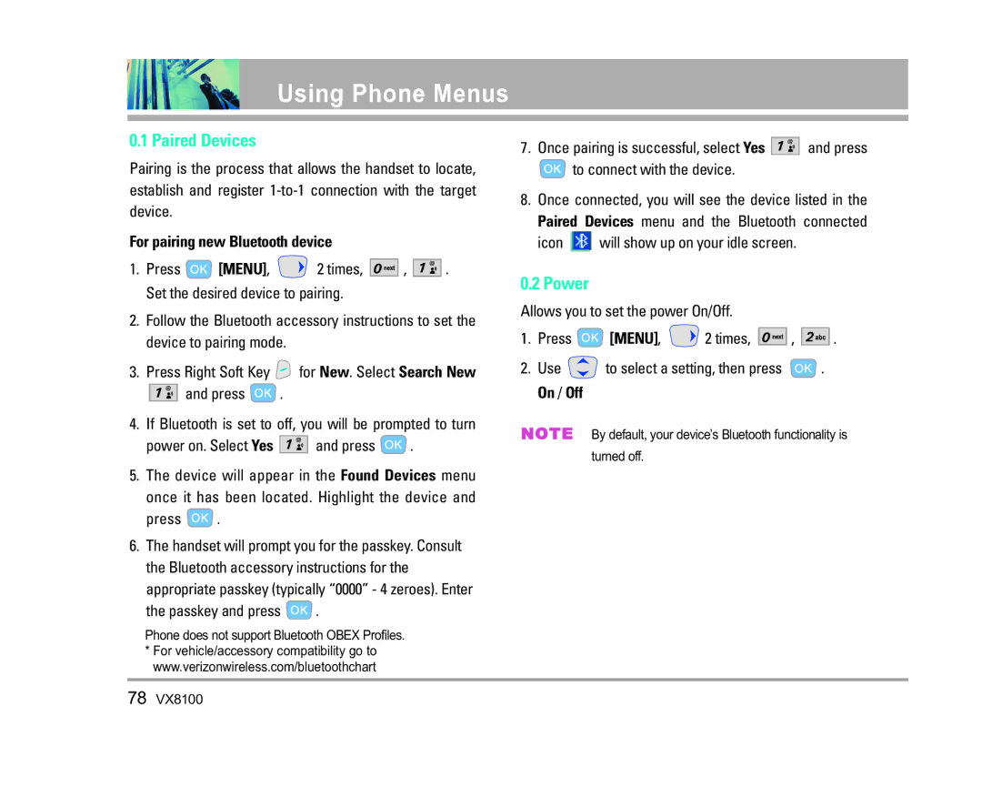 LG Electronics VX8100 manual Paired Devices, Power, For pairing new Bluetooth device, Passkey and press 