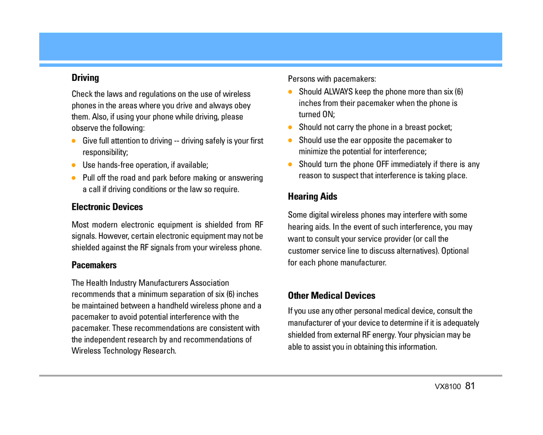 LG Electronics VX8100 manual Driving, Electronic Devices, Pacemakers, Hearing Aids, Other Medical Devices 
