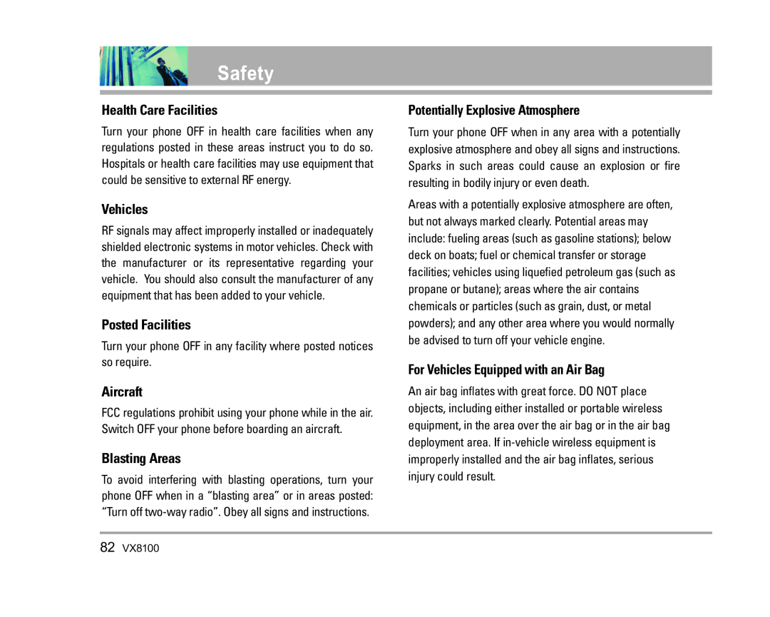 LG Electronics VX8100 manual Health Care Facilities, Vehicles, Posted Facilities, Aircraft, Blasting Areas 