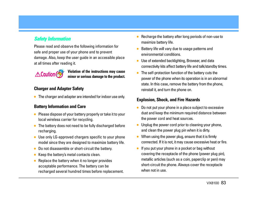 LG Electronics VX8100 manual Charger and Adapter Safety, Battery Information and Care, Explosion, Shock, and Fire Hazards 