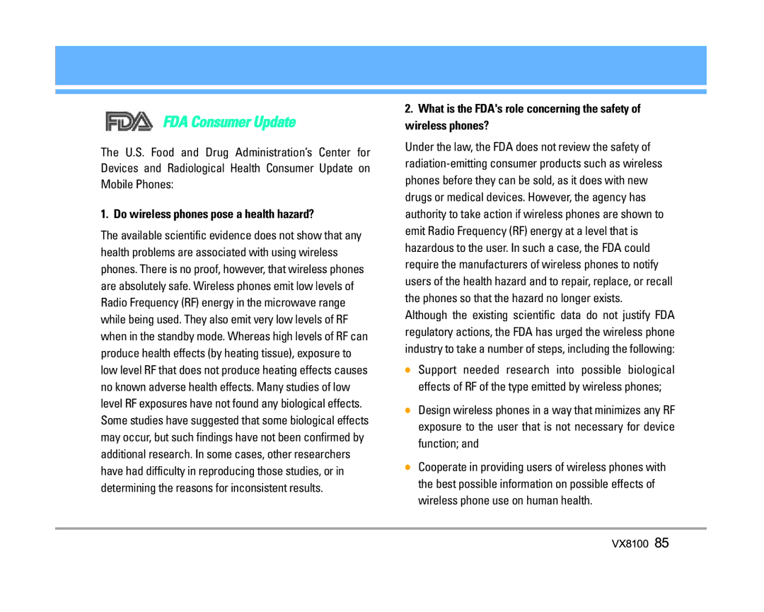 LG Electronics VX8100 manual FDA Consumer Update, Do wireless phones pose a health hazard? 