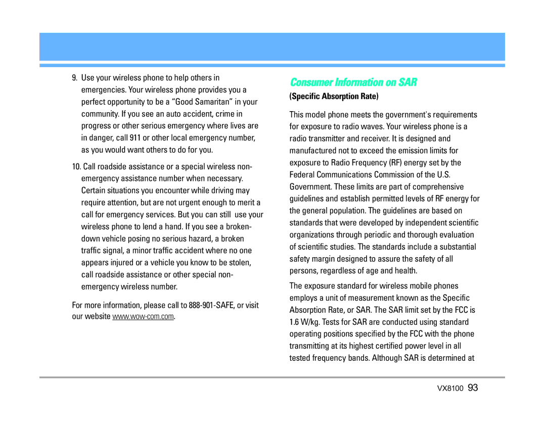 LG Electronics VX8100 manual Consumer Information on SAR, Specific Absorption Rate 