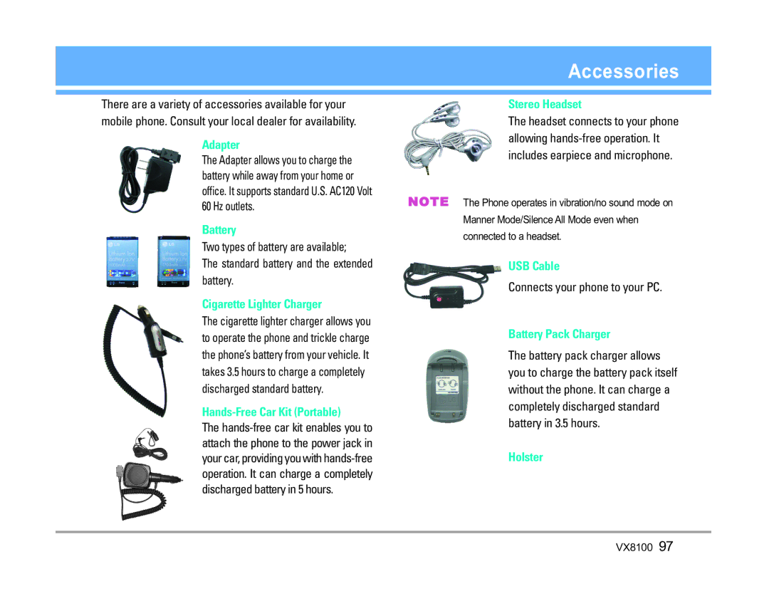 LG Electronics VX8100 manual Accessories 