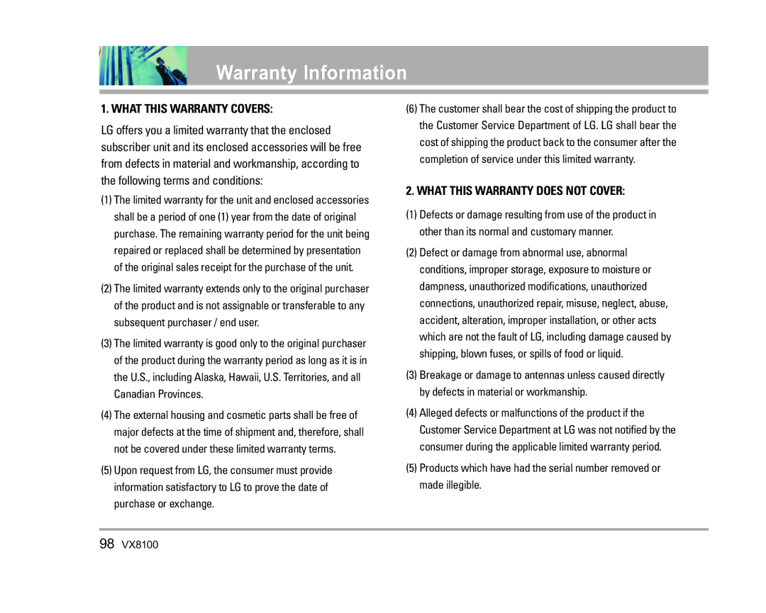 LG Electronics VX8100 manual Warranty Information, What this Warranty Covers 