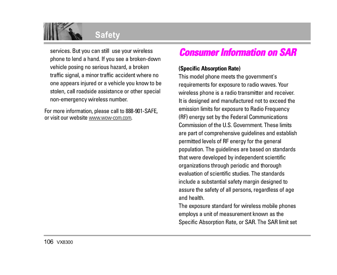 LG Electronics VX8300 manual Consumer Information on SAR, Specific Absorption Rate 