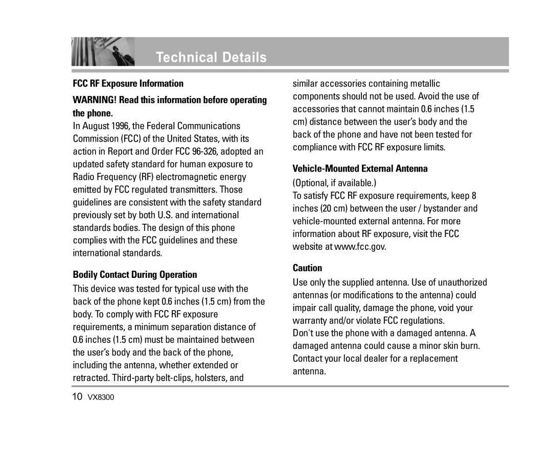 LG Electronics VX8300 manual FCC RF Exposure Information, Bodily Contact During Operation, Vehicle-Mounted External Antenna 