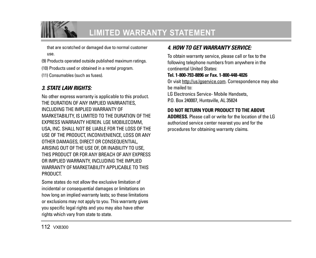 LG Electronics VX8300 manual State LAW Rights 