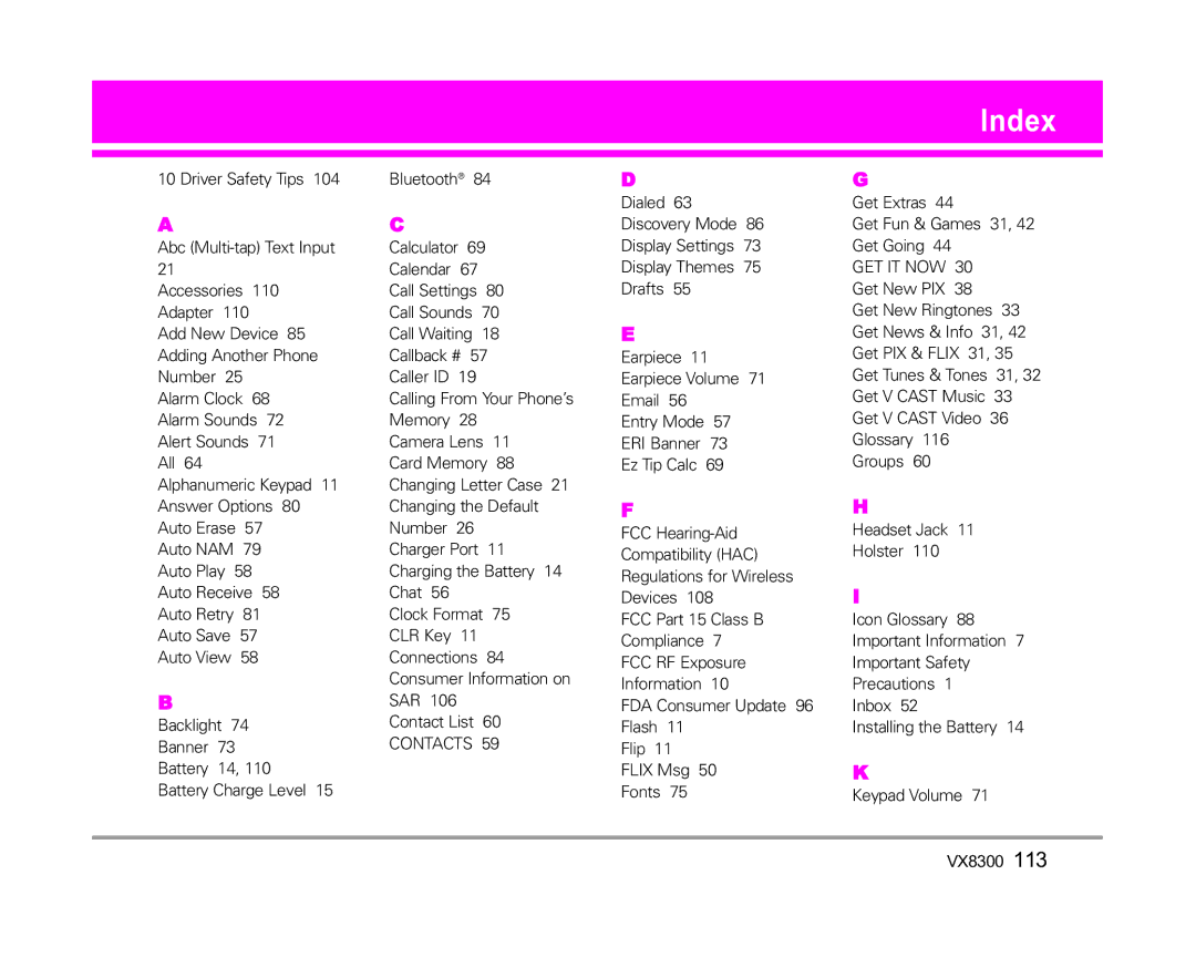 LG Electronics VX8300 manual Index, Contacts 