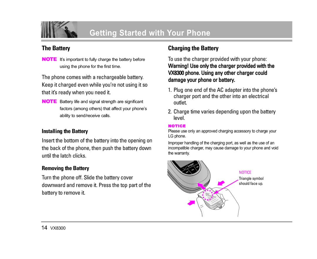 LG Electronics VX8300 manual Getting Started with Your Phone, Installing the Battery, Removing the Battery 