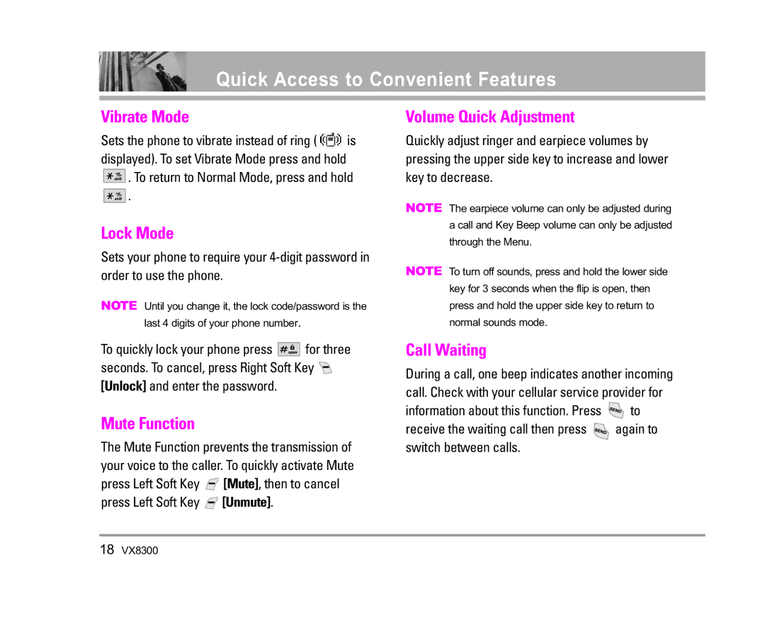 LG Electronics VX8300 manual Quick Access to Convenient Features 