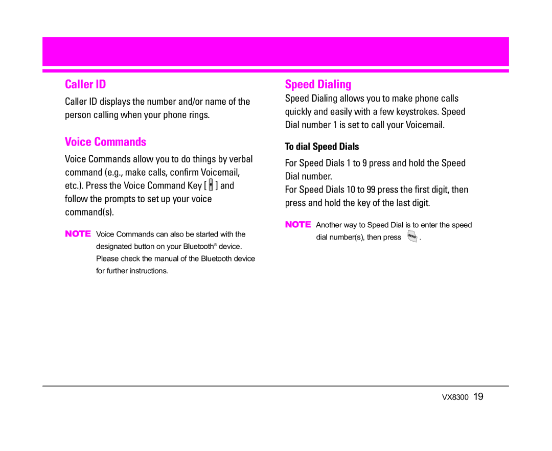 LG Electronics VX8300 manual Caller ID, Voice Commands, Speed Dialing, To dial Speed Dials 