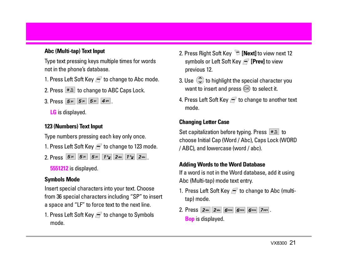 LG Electronics VX8300 manual Abc Multi-tap Text Input, Numbers Text Input, Symbols Mode, Changing Letter Case 