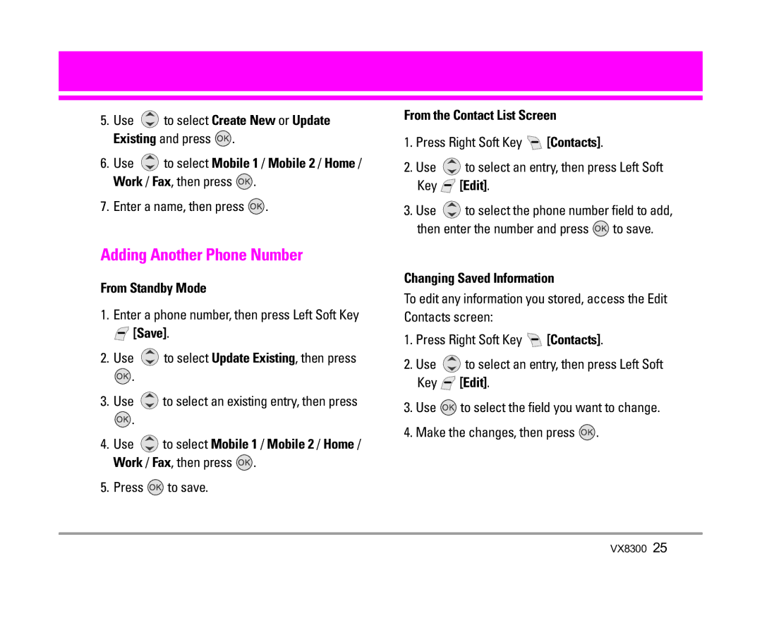 LG Electronics VX8300 manual Adding Another Phone Number, From Standby Mode, Save, From the Contact List Screen 