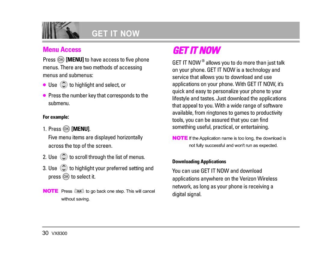 LG Electronics VX8300 manual Menu Access, Press Menu 