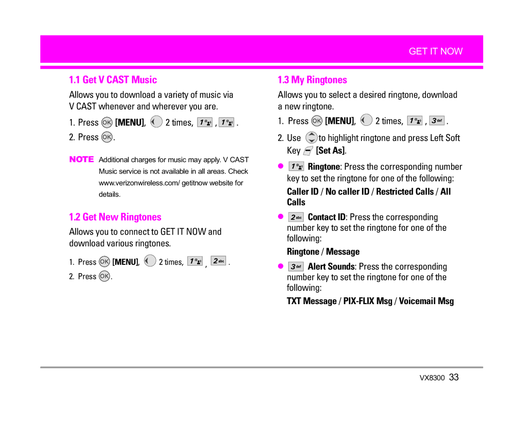 LG Electronics VX8300 manual Get V Cast Music, Get New Ringtones, My Ringtones, Press MENU, 2 times 