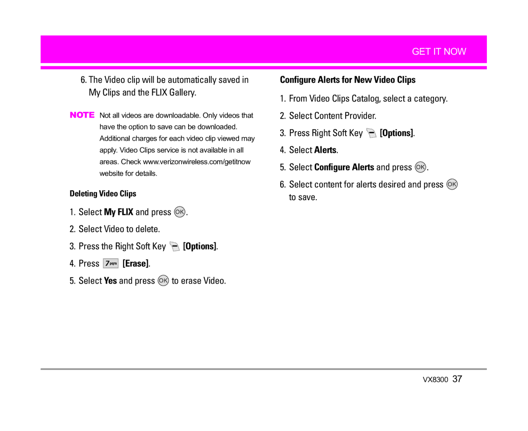 LG Electronics VX8300 manual Press Erase, Select Yes and press to erase Video, Configure Alerts for New Video Clips 