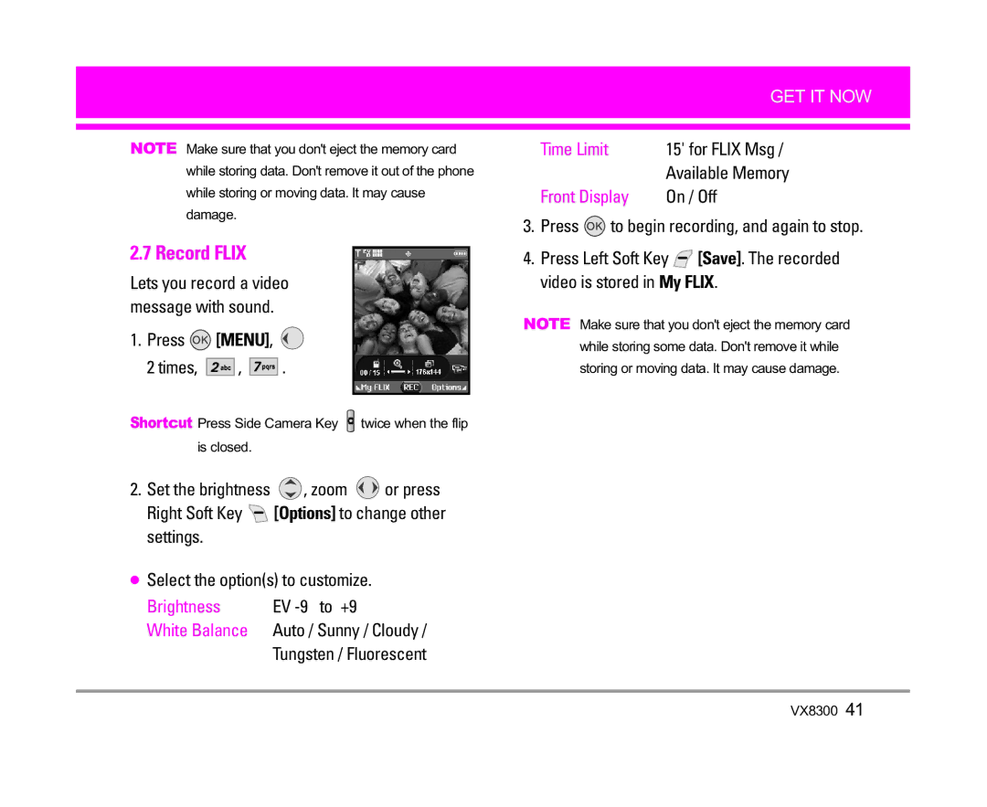LG Electronics VX8300 manual Record Flix, Press Menu Times, For Flix Msg, Available Memory 