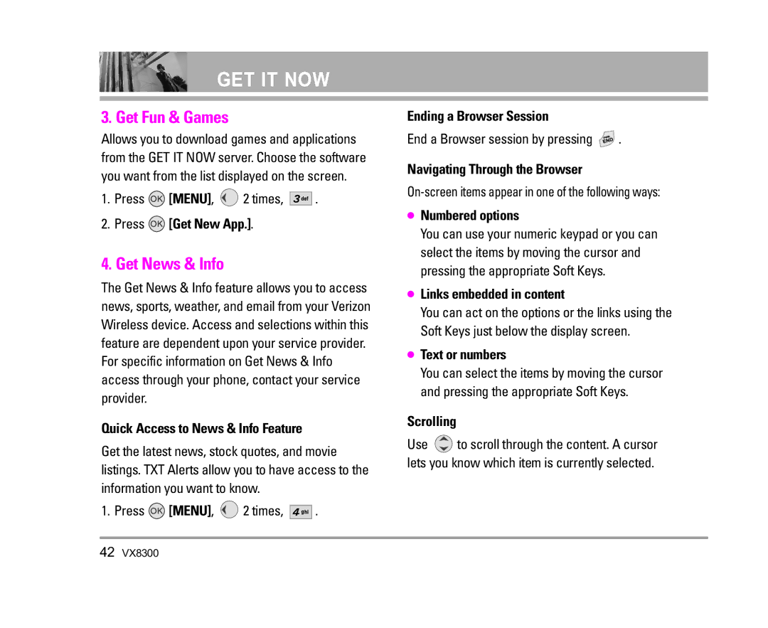 LG Electronics VX8300 manual Get Fun & Games, Get News & Info 