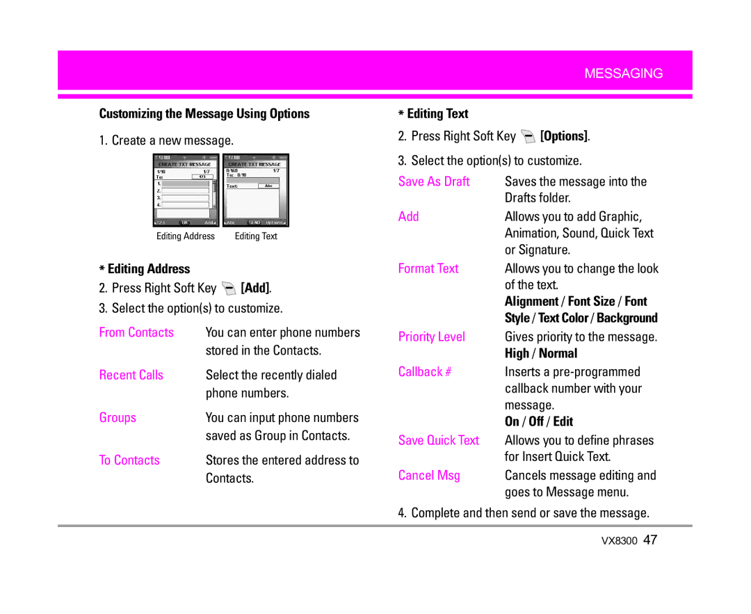 LG Electronics VX8300 Customizing the Message Using Options, Editing Address, Editing Text, High / Normal, On / Off / Edit 