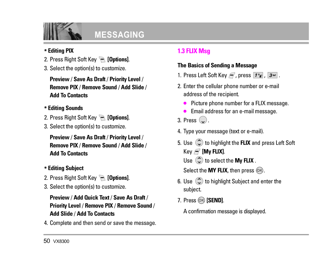 LG Electronics VX8300 manual Flix Msg, Editing PIX, Add To Contacts Editing Sounds, Add To Contacts Editing Subject 