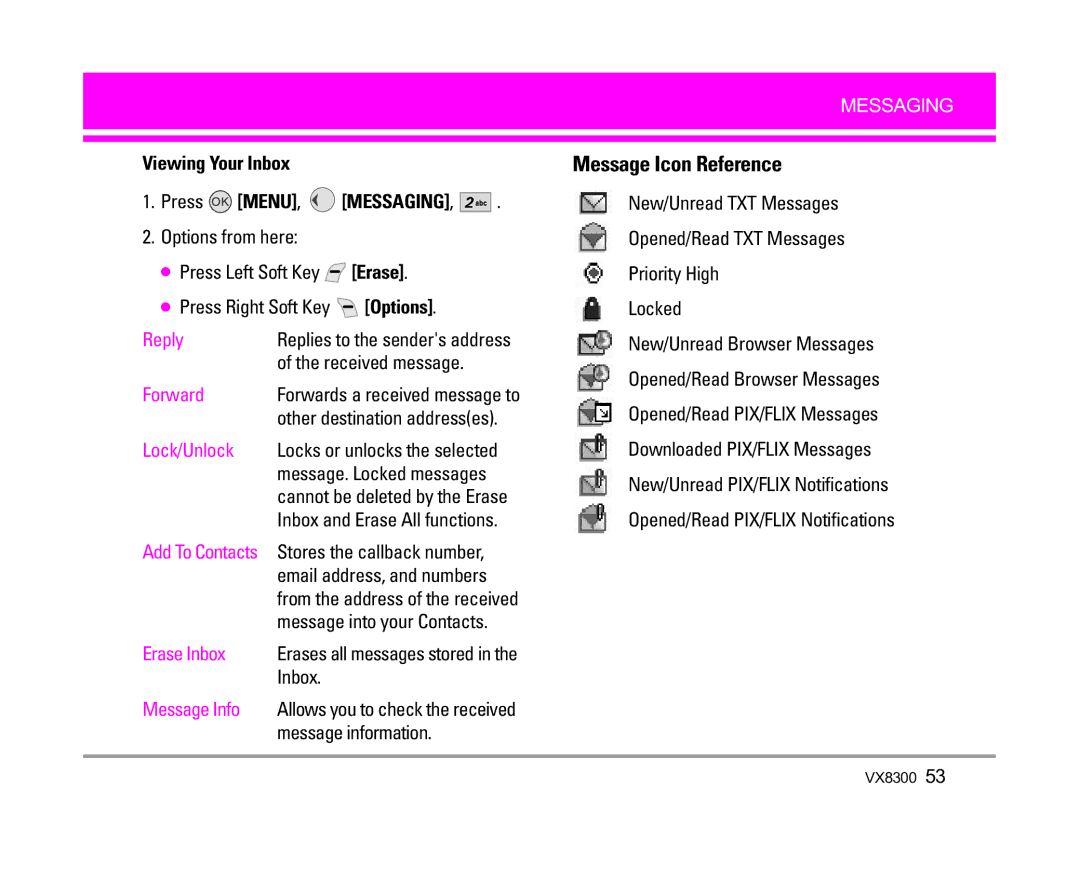 LG Electronics VX8300 manual Viewing Your Inbox Press MENU, Messaging, Received message, Message information 