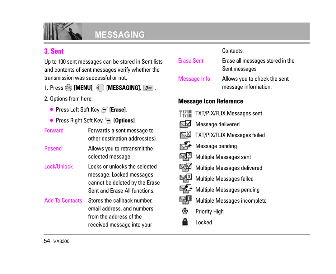 LG Electronics VX8300 manual Selected message, From the address, Sent messages 