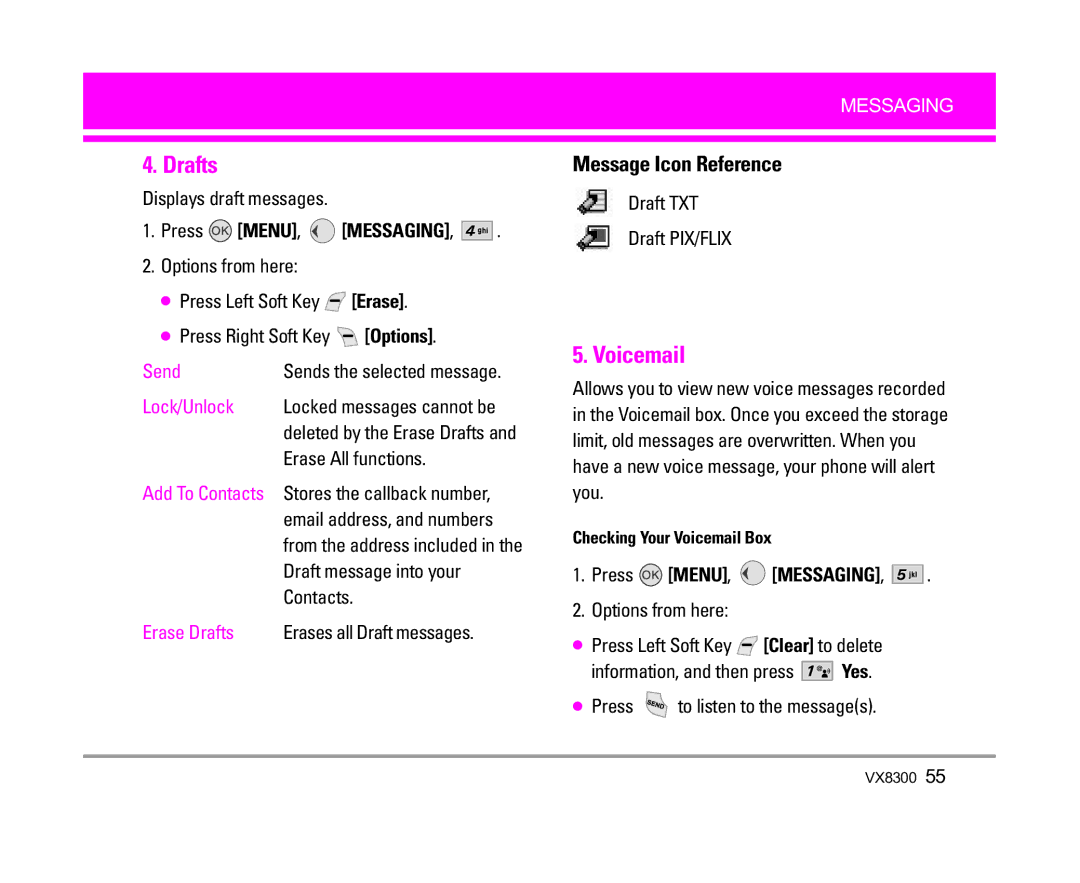 LG Electronics VX8300 manual Drafts, Voicemail 