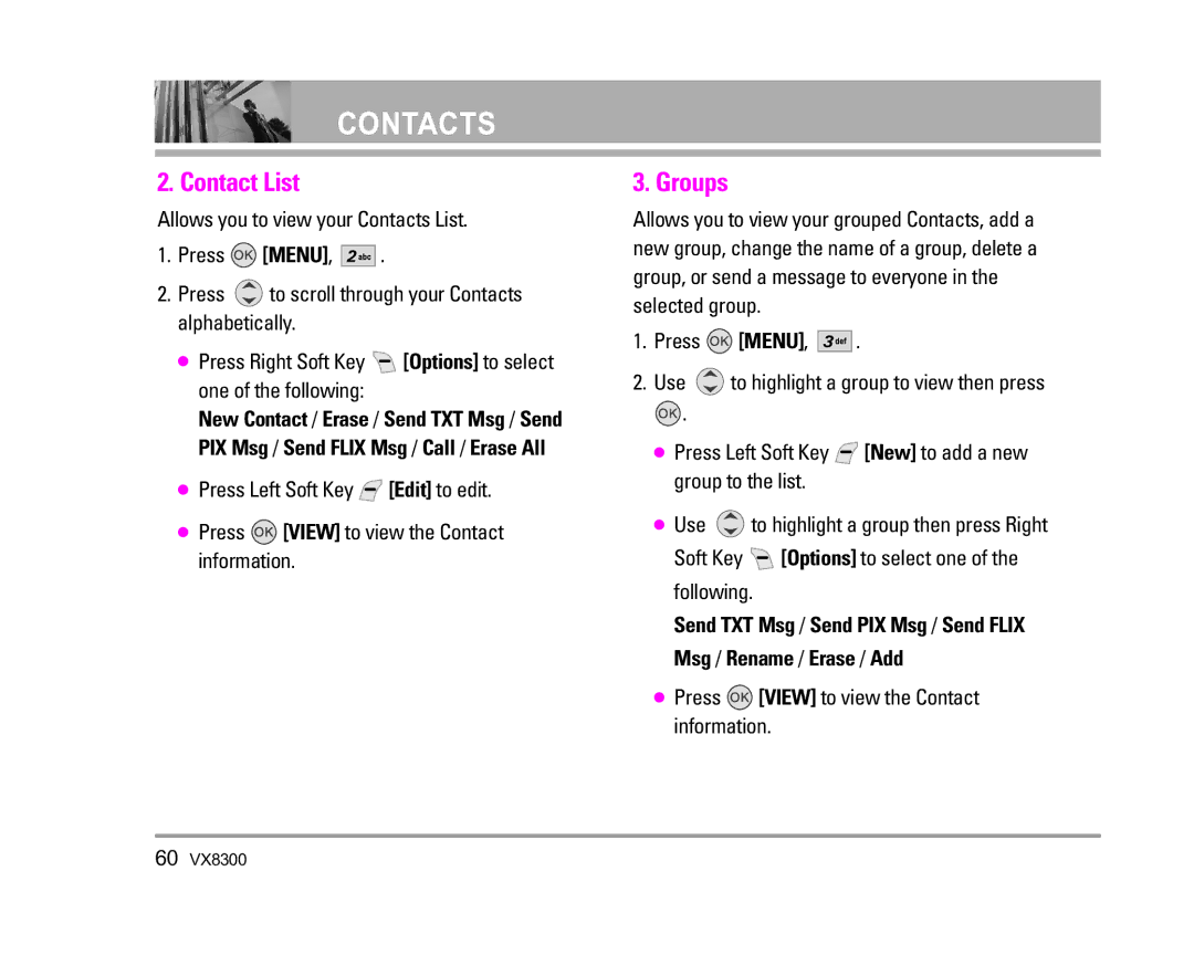 LG Electronics VX8300 manual Contact List, Groups, Press Left Soft Key New to add a new group to the list 