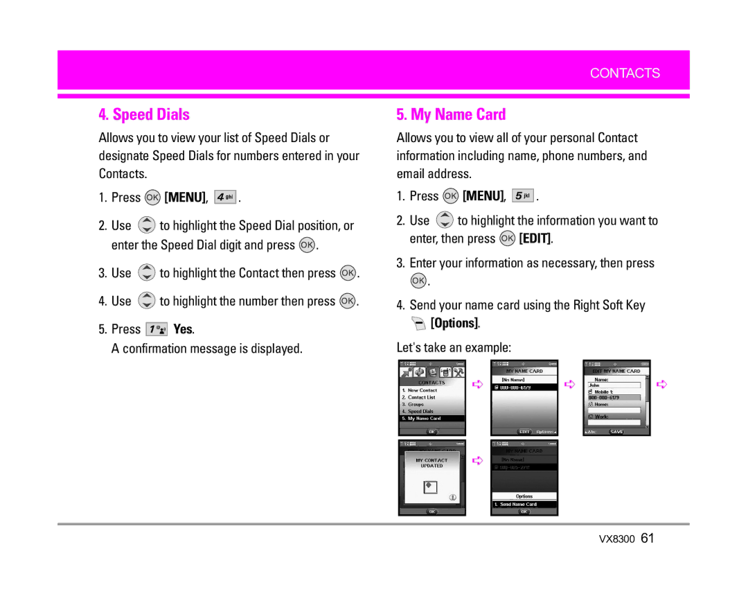 LG Electronics VX8300 manual Speed Dials, My Name Card, Enter, then press Edit, Lets take an example 