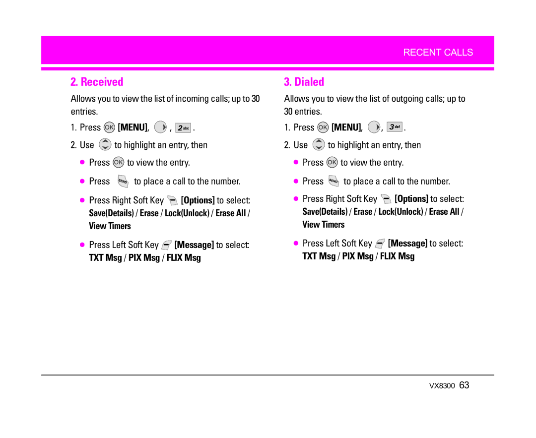 LG Electronics VX8300 manual Received, Dialed 