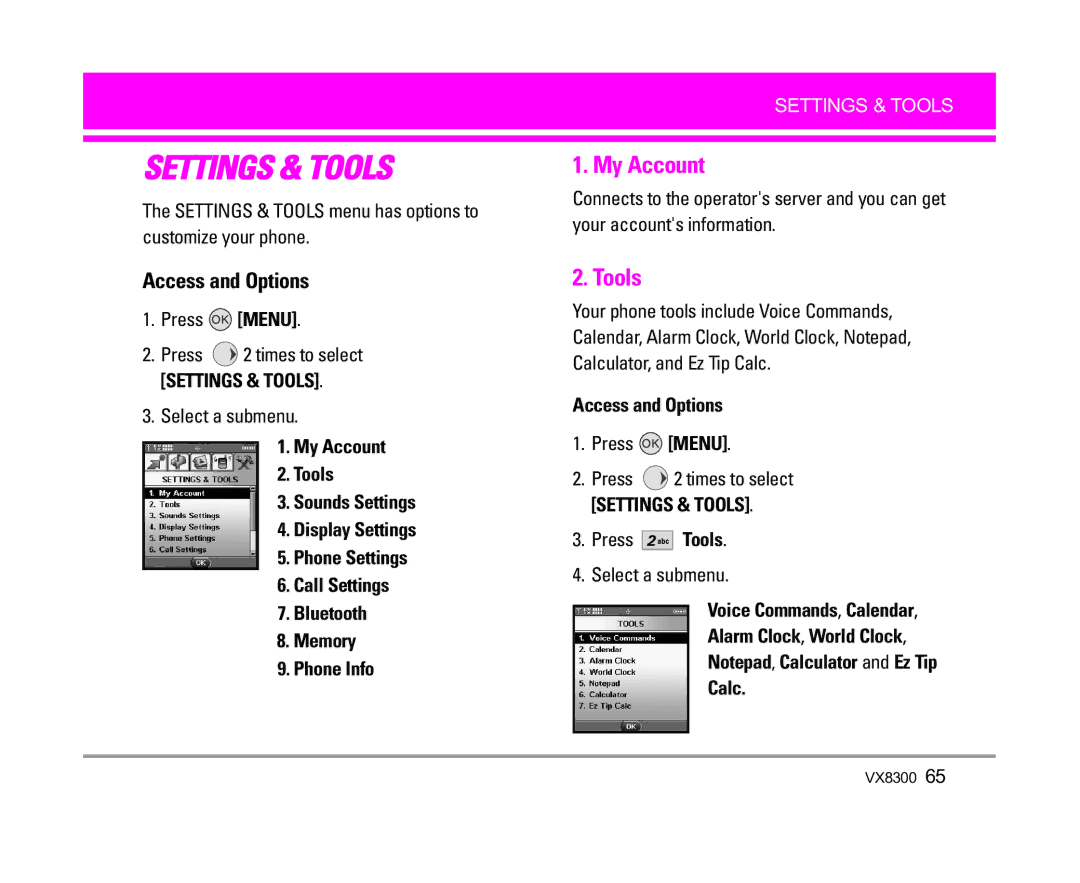 LG Electronics VX8300 manual My Account, Settings & Tools menu has options to customize your phone 