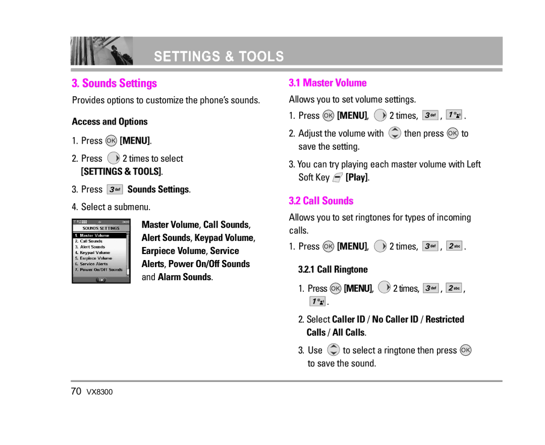 LG Electronics VX8300 manual Master Volume, Call Sounds, Press Sounds Settings, Menu 