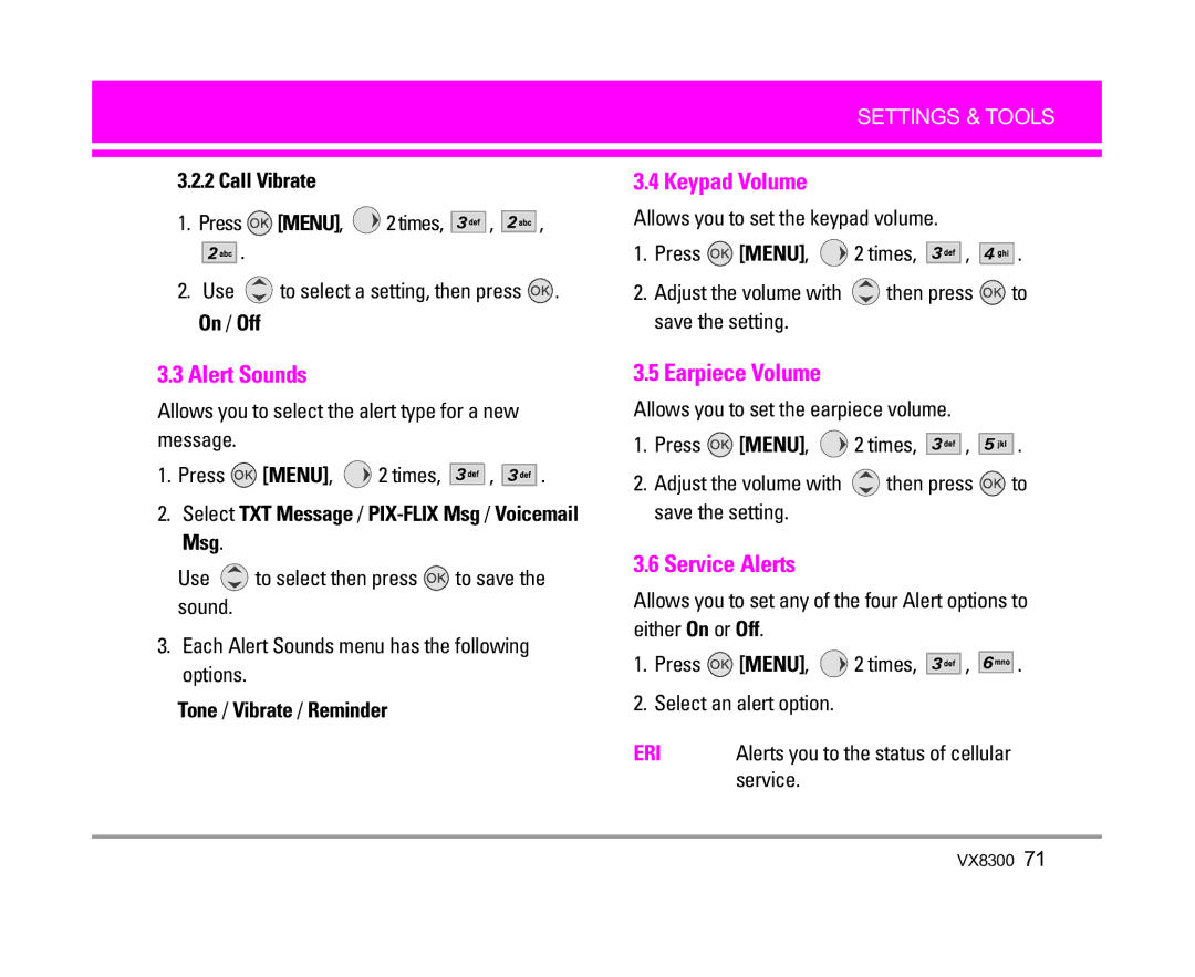 LG Electronics VX8300 manual Alert Sounds, Keypad Volume, Earpiece Volume, Service Alerts 