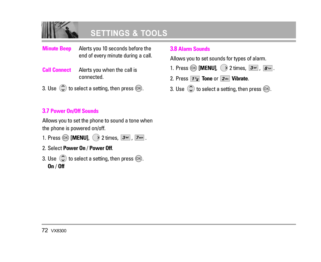 LG Electronics VX8300 Select Power On / Power Off, Use to select a setting, then press . On / Off, Press Tone or Vibrate 