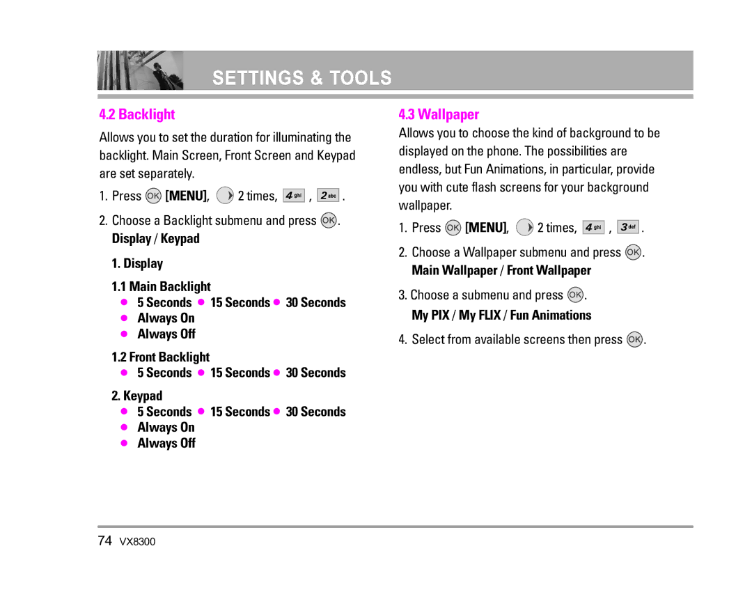 LG Electronics VX8300 manual Backlight, Wallpaper, Select from available screens then press 