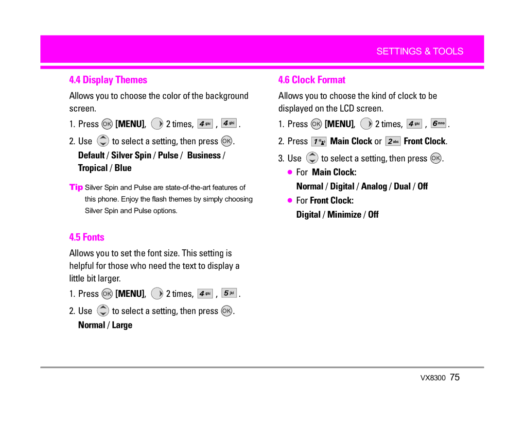 LG Electronics VX8300 manual Display Themes, Fonts, Clock Format, For Main Clock Normal / Digital / Analog / Dual / Off 