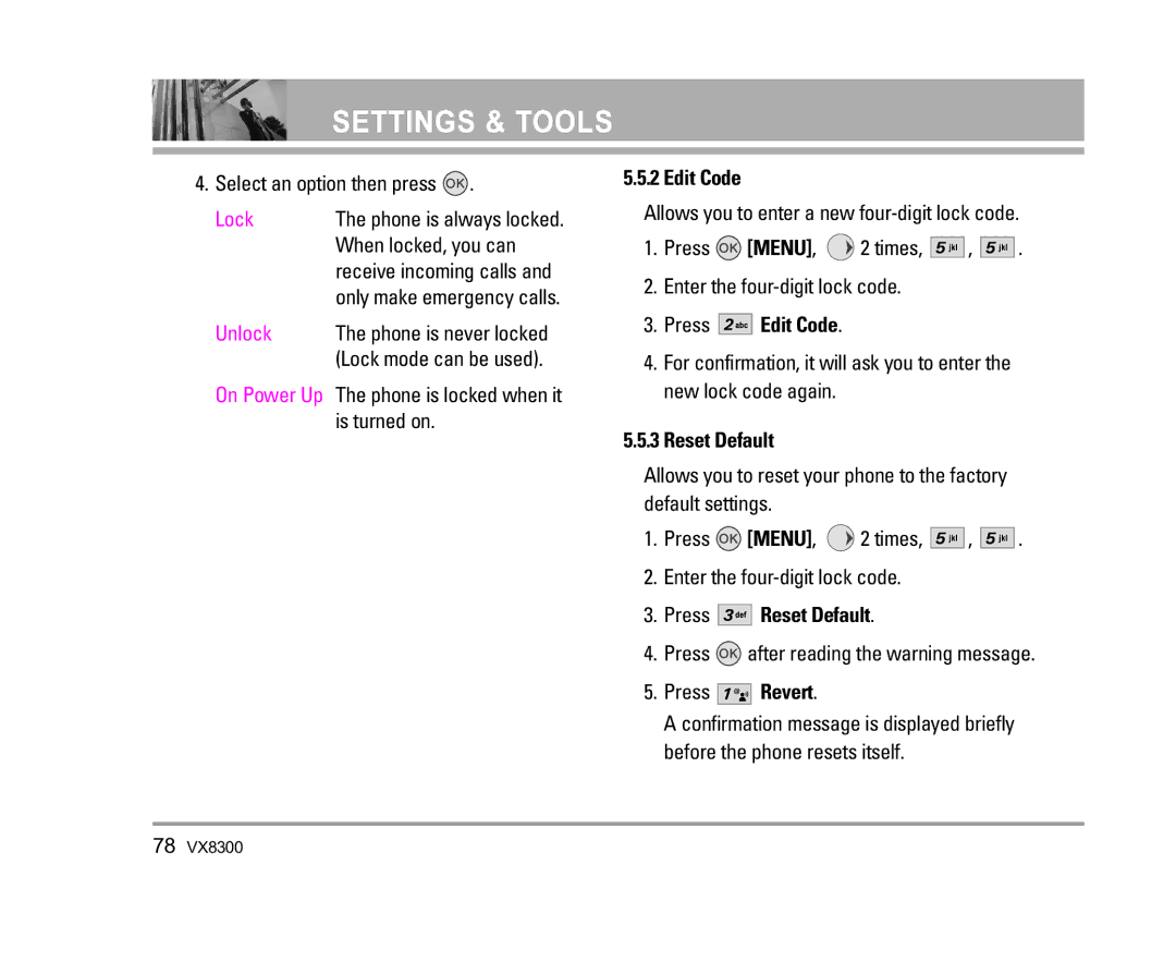 LG Electronics VX8300 manual Press Edit Code, Press Reset Default 