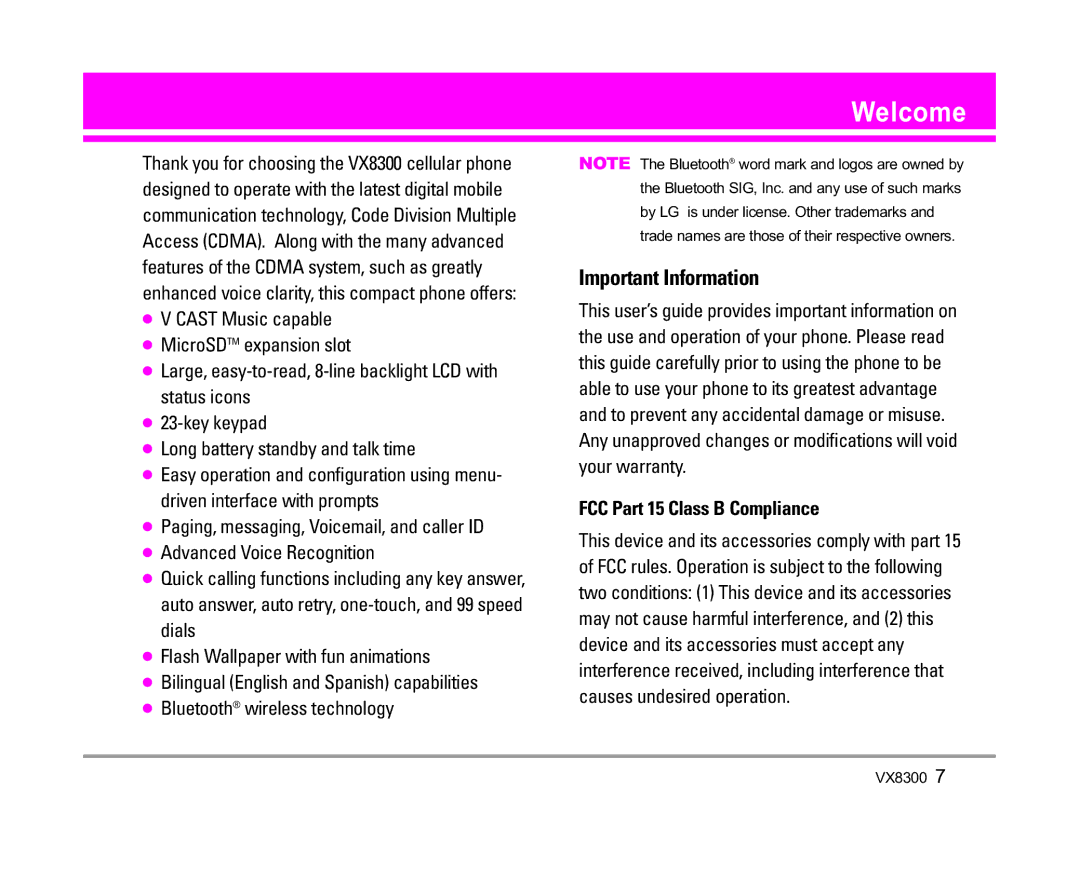 LG Electronics VX8300 manual Welcome, FCC Part 15 Class B Compliance 